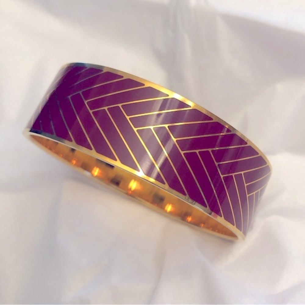 J.Crew Bangle Bracelet Burgundy/Berry with Gold Herringbone Design EUC